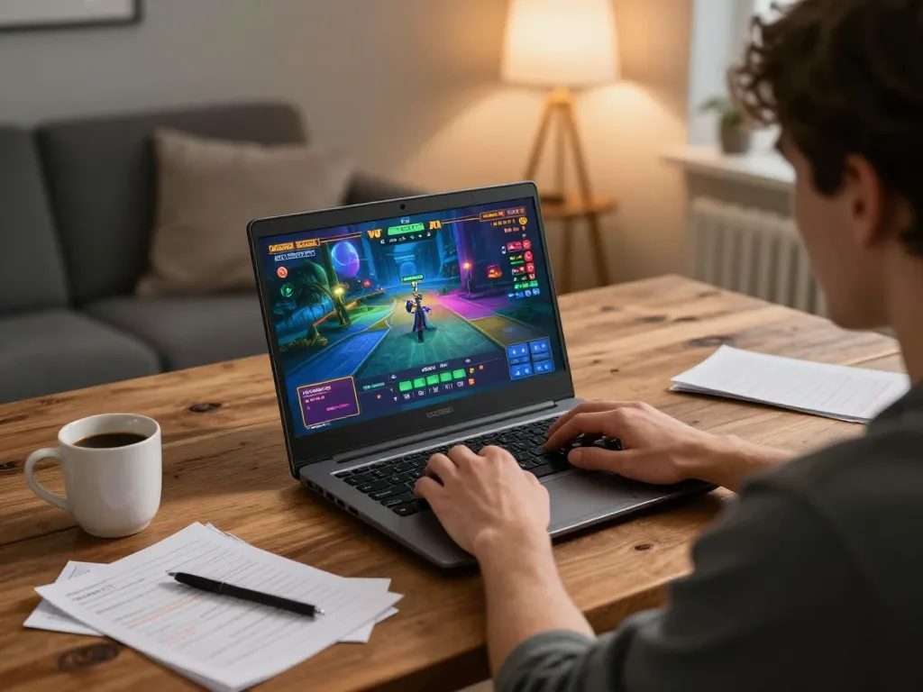 Person enjoying MPOSPORT online gaming on laptop, surrounded by strategy notes and a coffee cup.