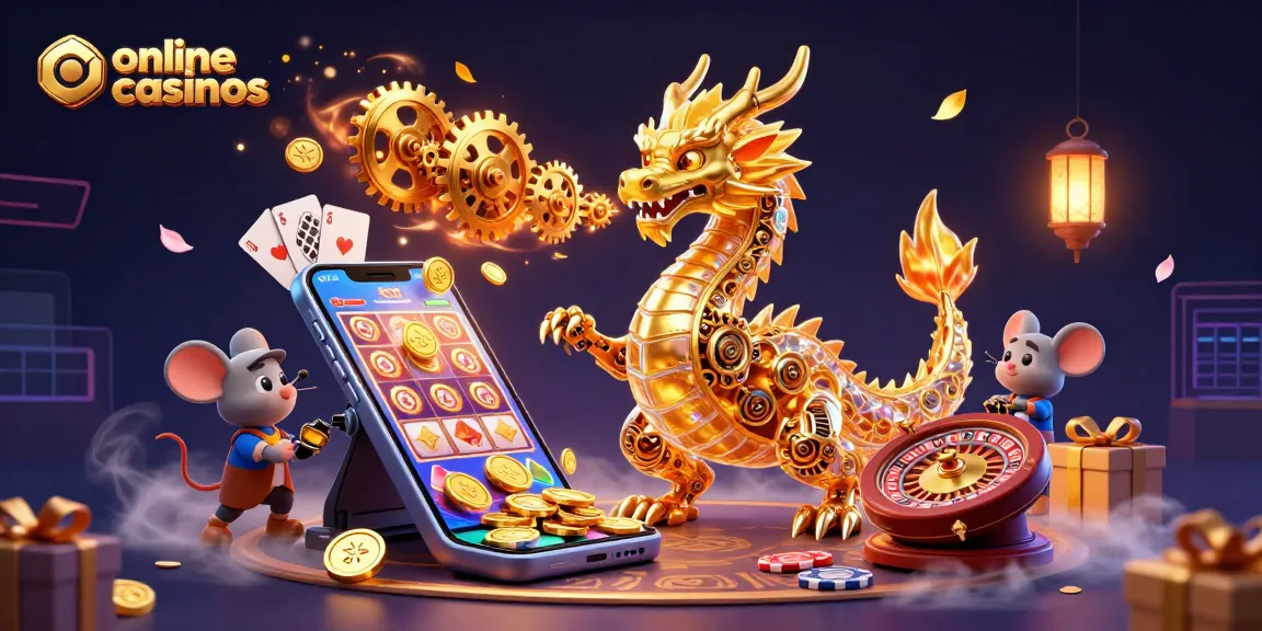 Experience thrilling online casinos featured in a vibrant 3D scene with a golden dragon and slot games.