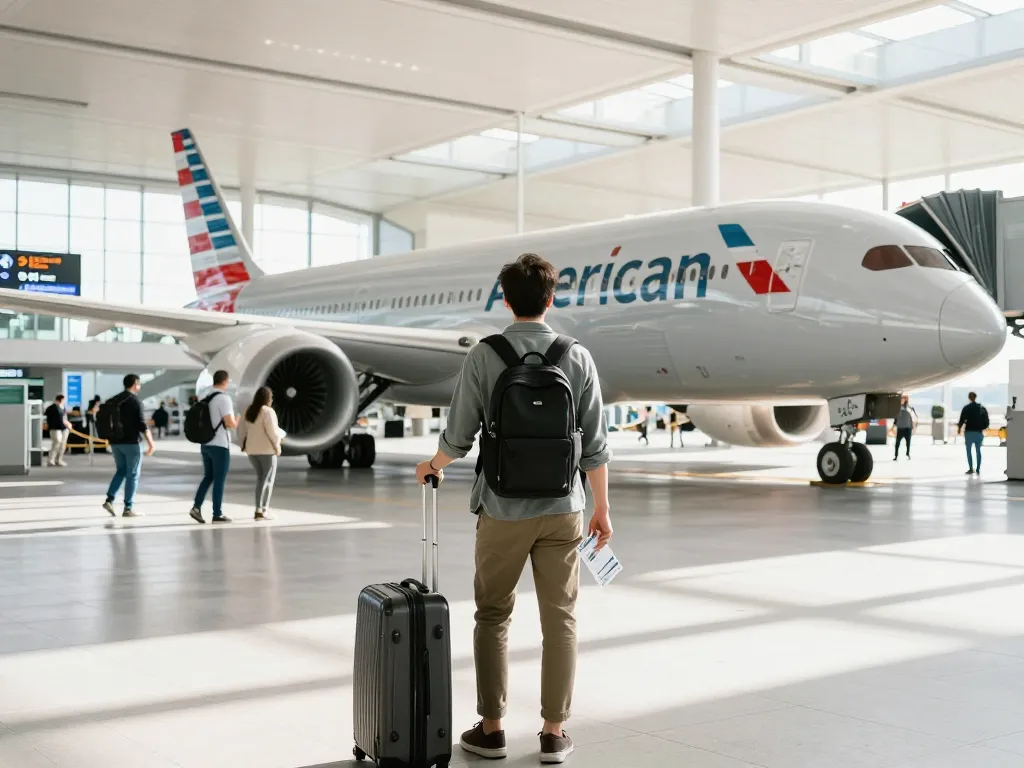 Traveler at airport terminal with American Airlines 789P aircraft in background, capturing excitement of air travel.