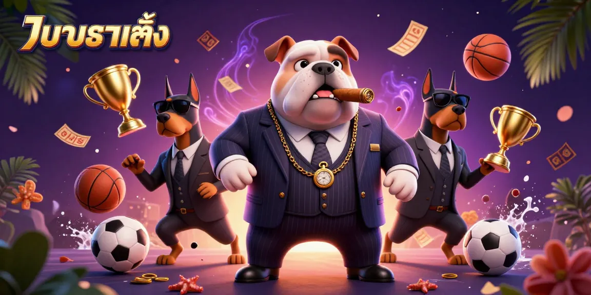 แทงบอลเต็ง vibrant sports betting scene with a bulldog mafia boss and Doberman bodyguards.