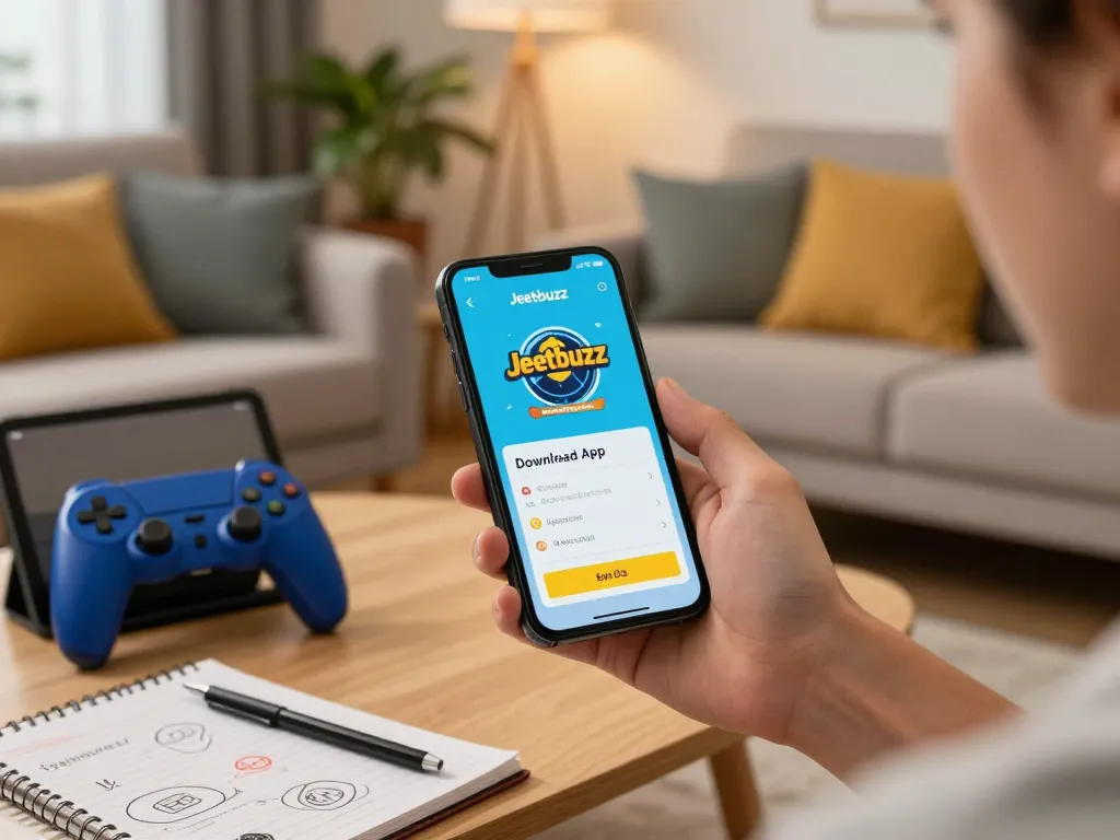 Engaging in online gambling with the Jeetbuzz Download App on a smartphone in a cozy home setting.