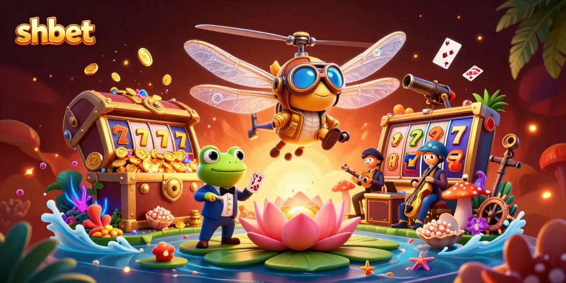 Experience thrilling gaming at shbet with a vibrant casino scene featuring a dragonfly pilot and frog croupier.
