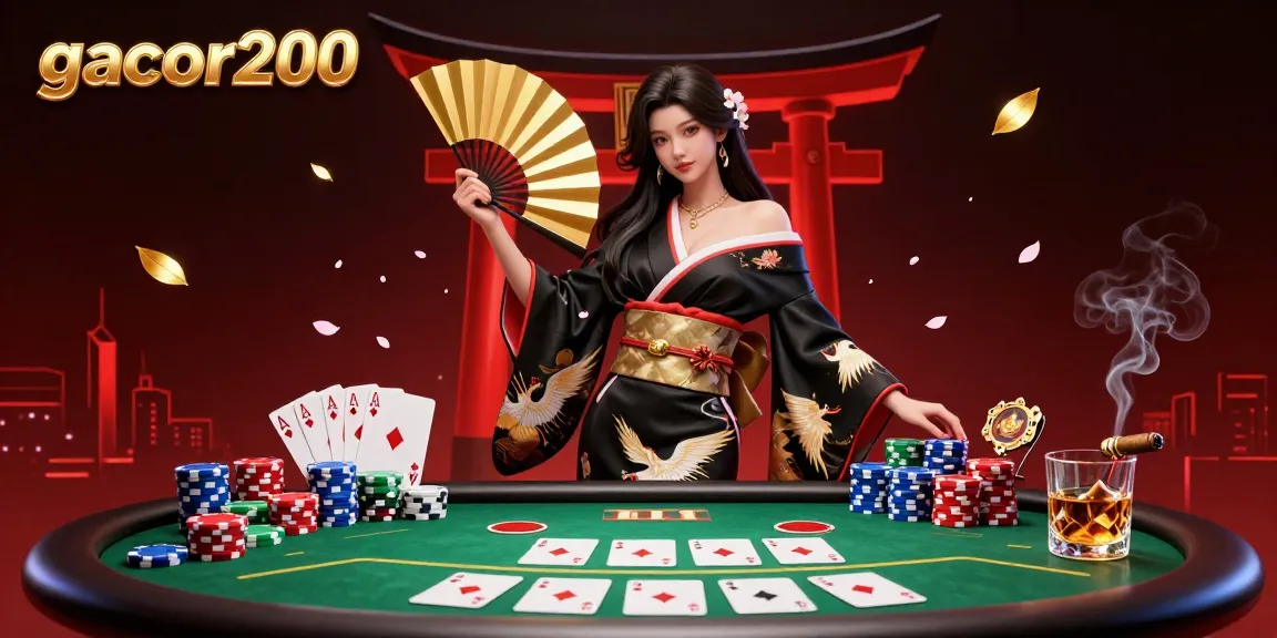 Experience thrilling gameplay with gacor200 featuring an elegant Asian woman amidst poker elements and vibrant casino visuals.