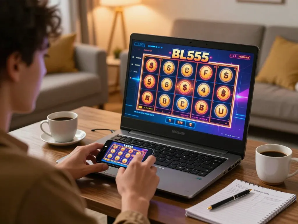 Spin the reels on Bl555's mobile slots for thrilling wins in a cozy home setting.