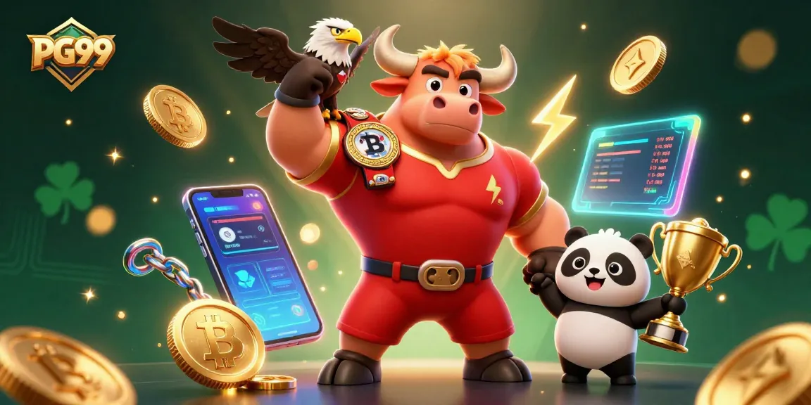 Win big with PG99's dynamic casino scene featuring characters and crypto elements.