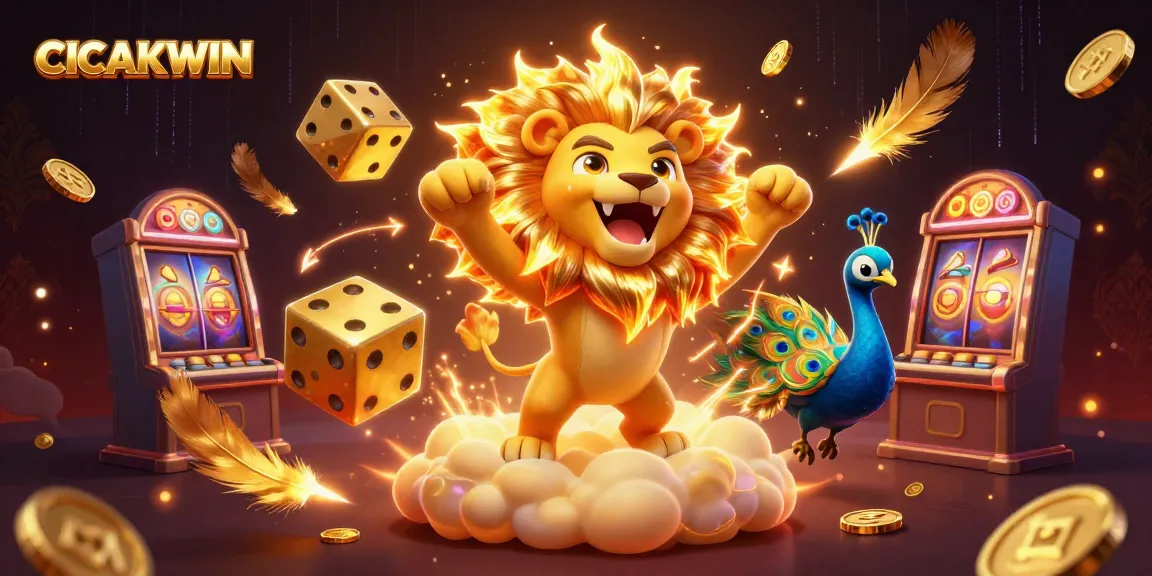 CICAKWIN showcases vibrant animated casino elements with a roaring lion and golden dice.
