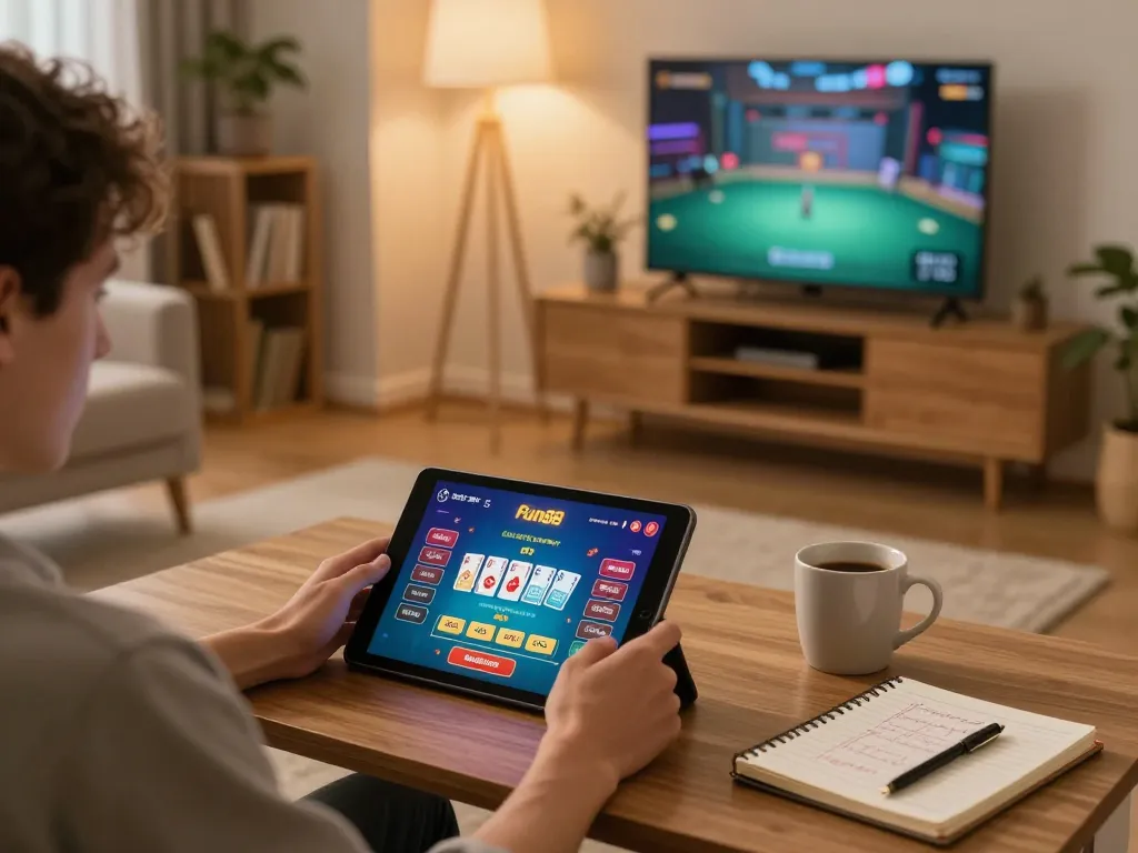 Person enjoying online gaming on Fun88 app with a tablet in a cozy home