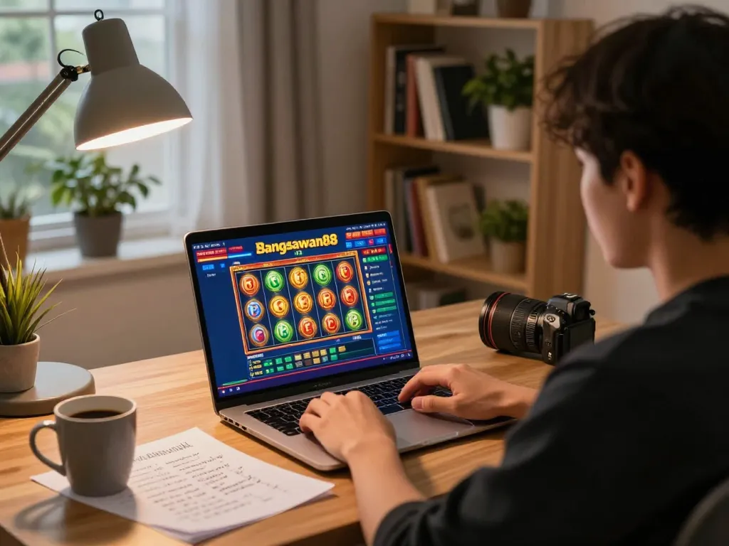 Engaged player interacting with bangsawan88 slot game on laptop in a cozy home office