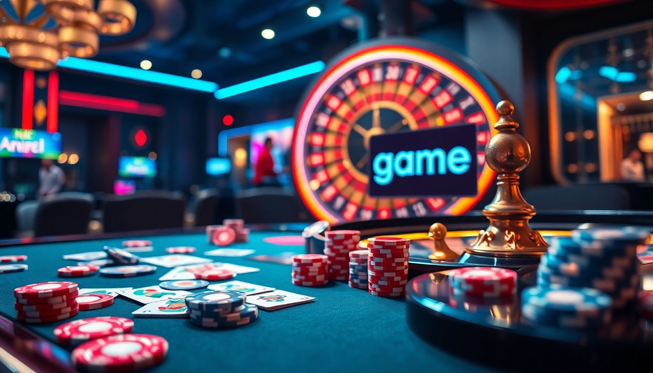 Experience the thrill of game đánh bài đổi thưởng at a vibrant casino with colorful cards and chips.