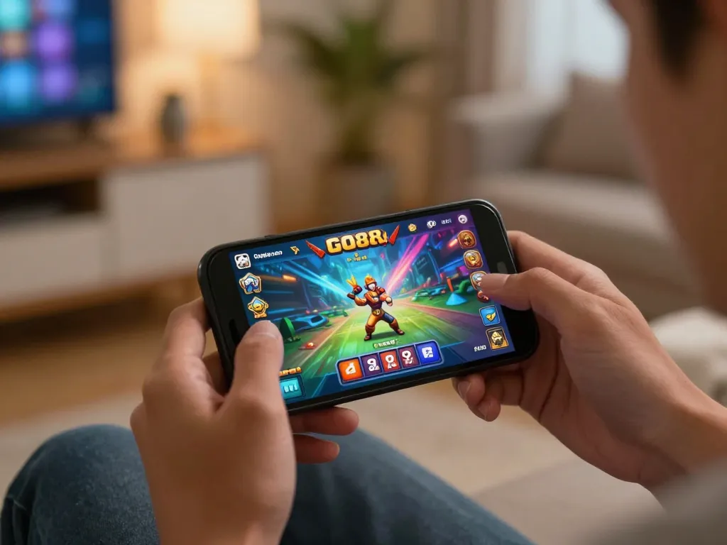 Player engaging with the GO88 casino app on a smartphone, surrounded by a cozy home setting.