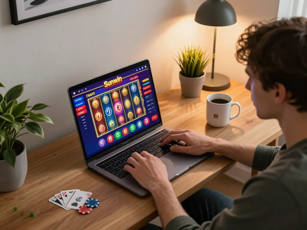 Player engaging with Sunwin online casino games on laptop at home, showcasing gaming interface and responsible gaming setting