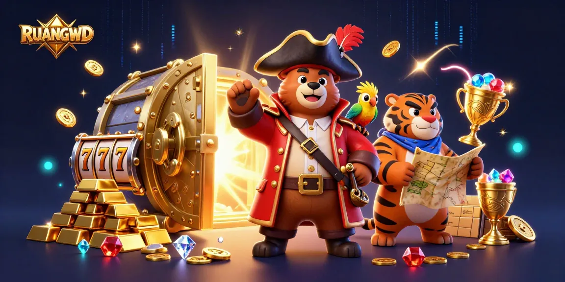 RUANGWD offers thrilling slot experiences with vibrant characters and treasures in a casino-themed scene.