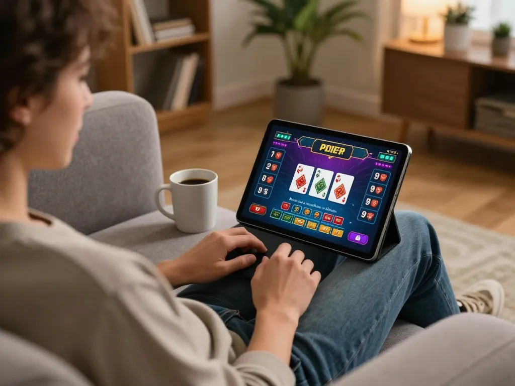 Engaged player using say88 com tablet for online casino gaming in a cozy setting.