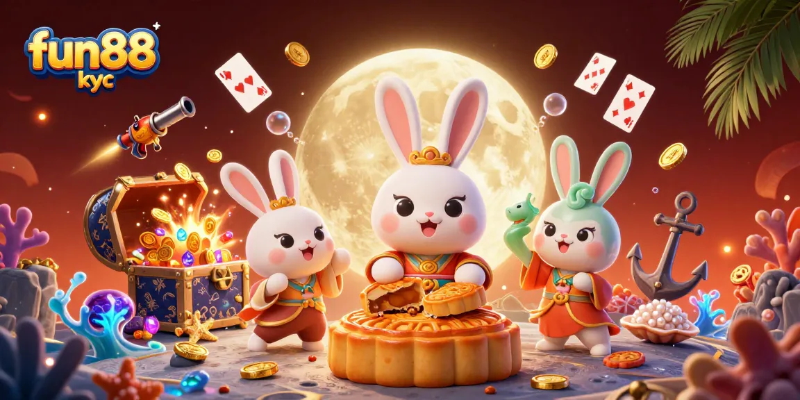 Khám phá fun88 kyc qua hình ảnh 3D với những yếu tố như thỏ trăng, tiền thưởng và biểu tượng casino.