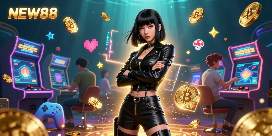 Engage in exciting online gaming at NEW88 with a captivating 3D casino concept illustrating vibrant characters, crypto visuals, and gaming elements.