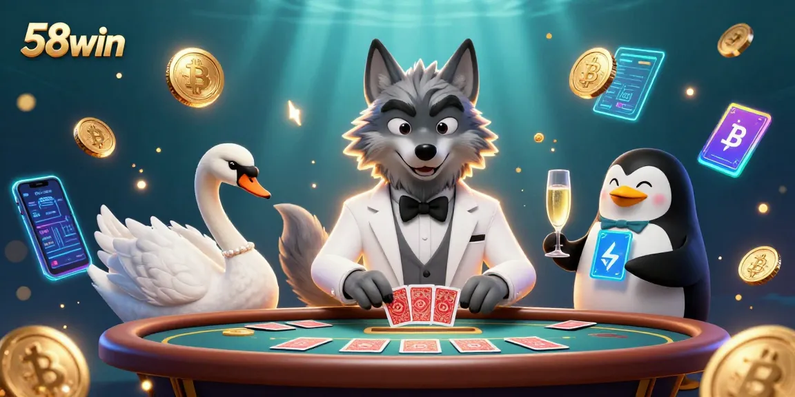 Experience thrilling gameplay at 58win with a debonair wolf and elegant characters in a vibrant casino scene.