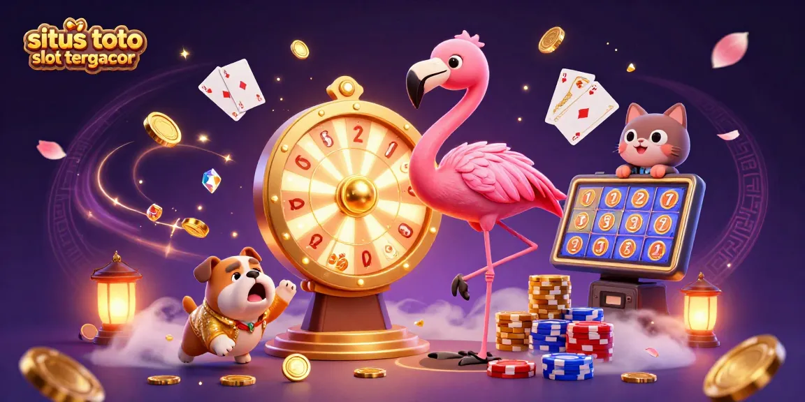 situs toto slot tergacor features a flamingo game show host, bulldog contestant, and cat assistant in a vibrant casino scene