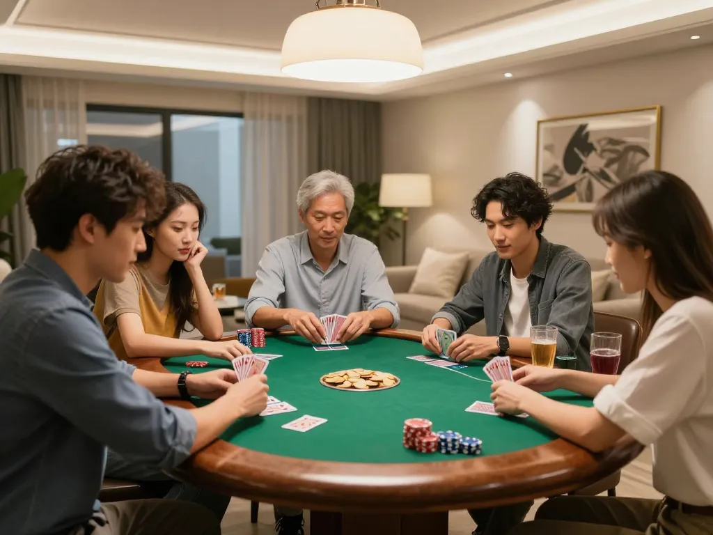 Friends engaged in a poker game at home, analyzing cards with focused expressions, showcasing a dynamic m110 gambling atmosphere.