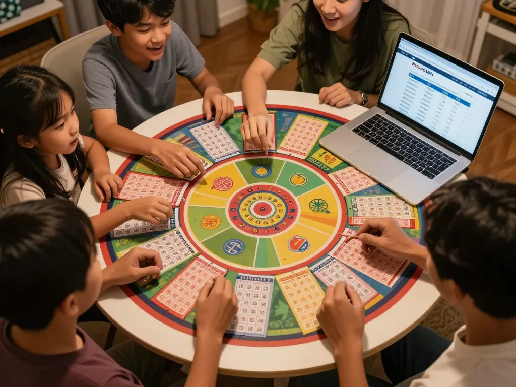 Synchronized players selecting numbers at a home lottery game, showcasing situs togel inspiration.