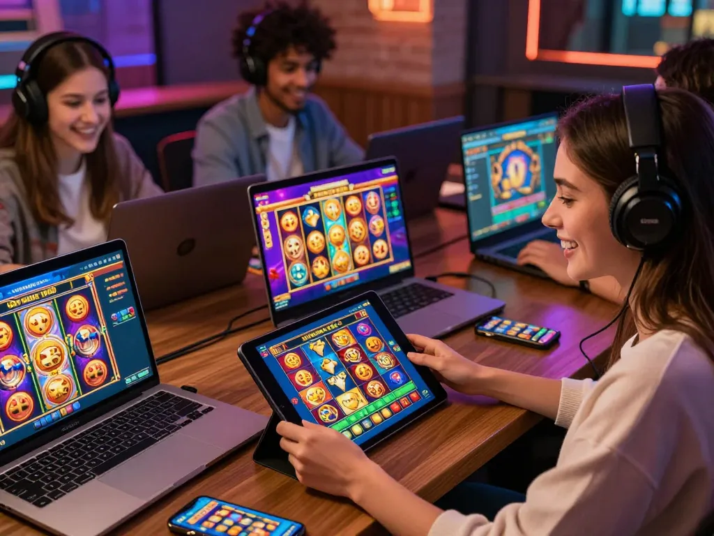 Pemain yang terlibat dengan platform slot laoban188 di berbagai perangkat dalam lingkungan permainan online yang cerah.