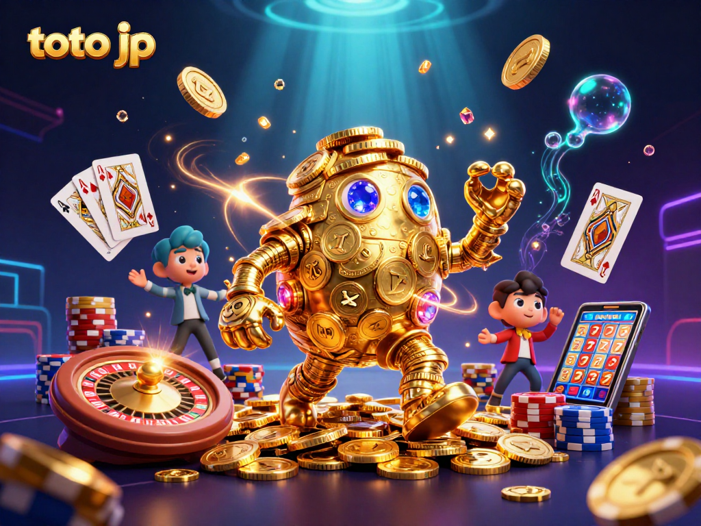 Spin to win with toto jp in this vibrant 3D casino scene filled with sparkling gems and golden coins.