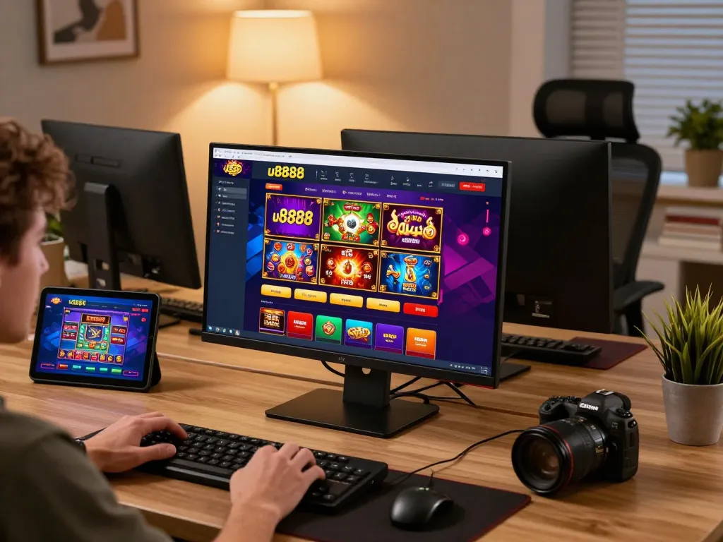 Engaging with u8888 gaming interface on a stylish home office setup while enjoying online casino action.