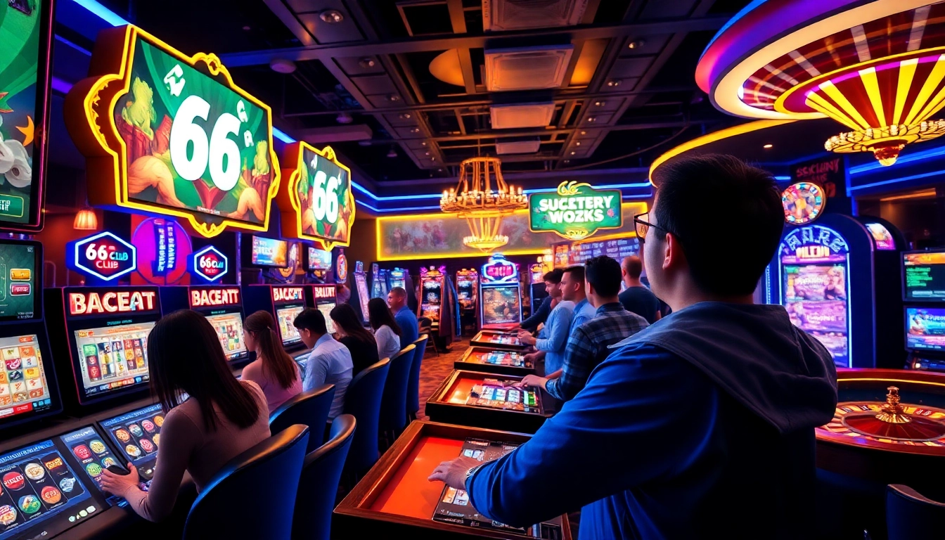 High-energy scene of 66club online betting with players enjoying vibrant casino games.