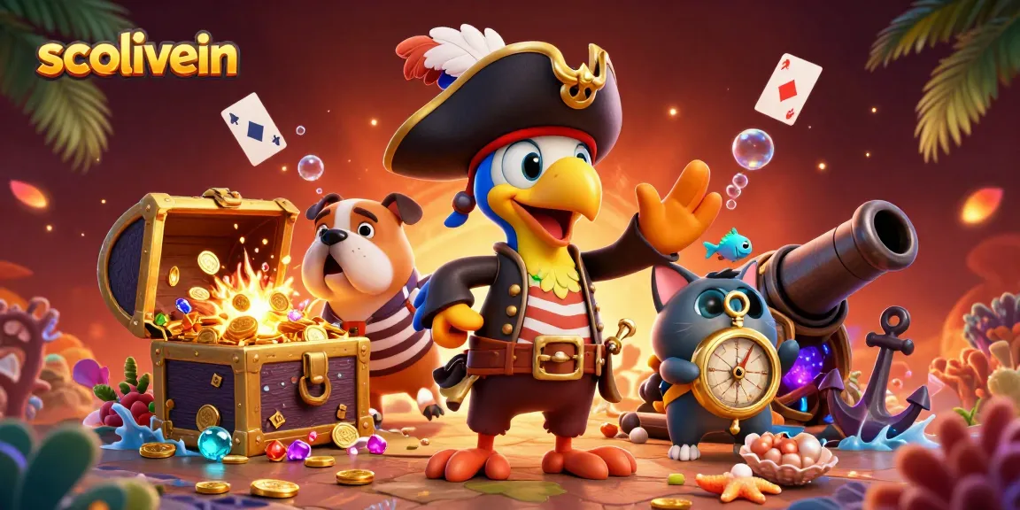 Socolivein boosts excitement with a colorful 3D illustration capturing a lively pirate scene filled with vibrant treasures, perfect for online betting.