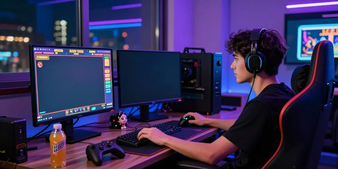 Engaged gamer playing SLOT TOTO in a vibrant modern gaming room with dual monitors and ambient lighting.