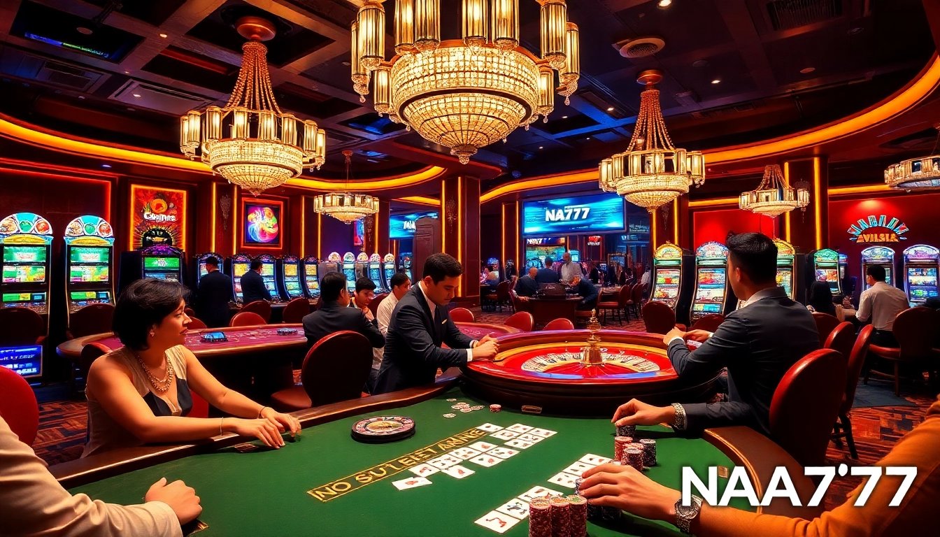 NA777 players enjoy strategic gameplay at a professional casino table with vibrant slot machines.