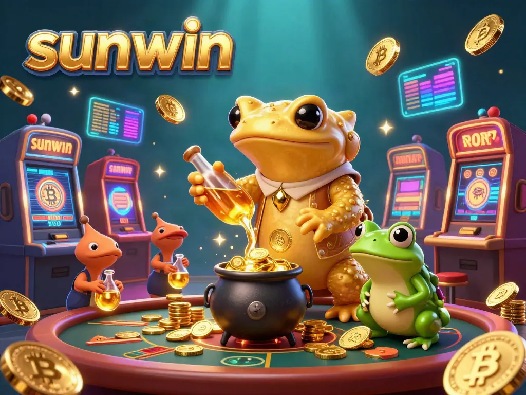 Experience thrilling gameplay at sunwin with a vibrant casino scene showcasing an alchemist turning base metals into gold coins.