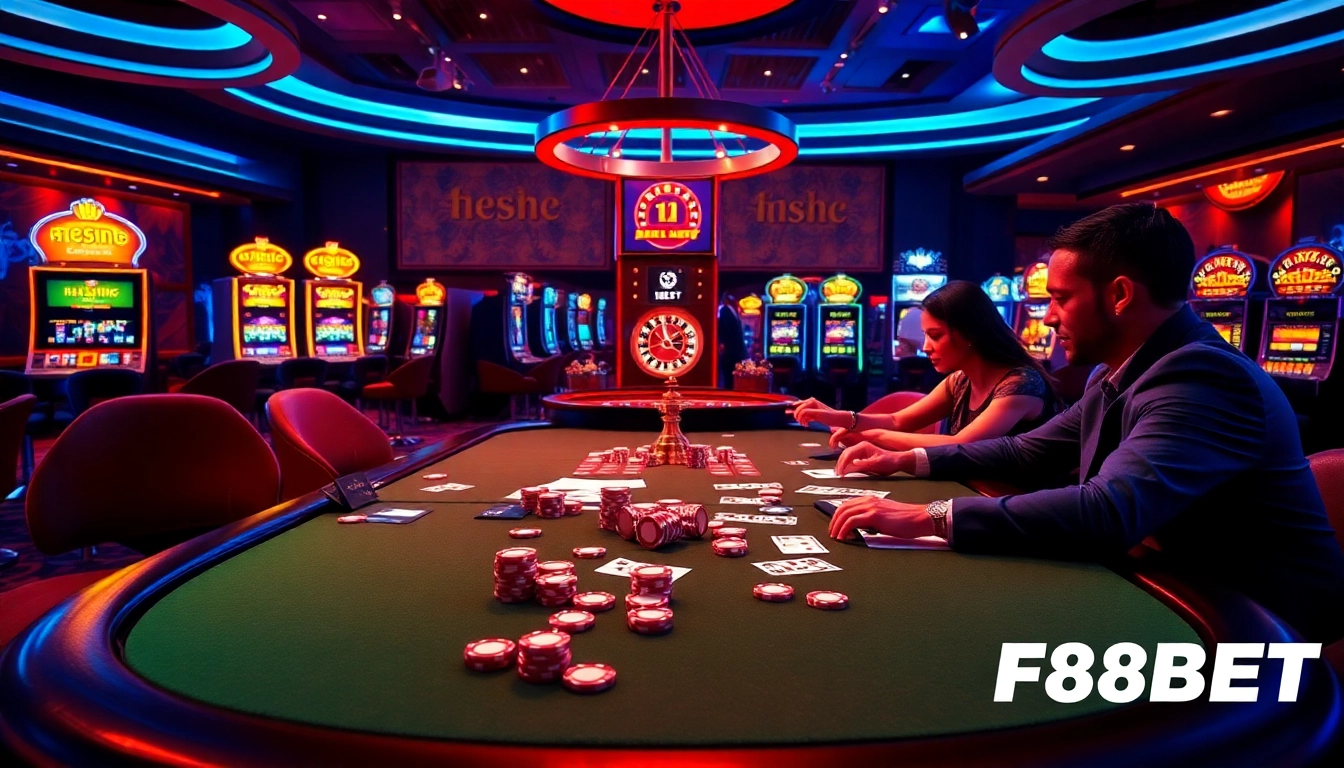 F8BET poker action with vibrant chips and cards in a luxurious casino setting.