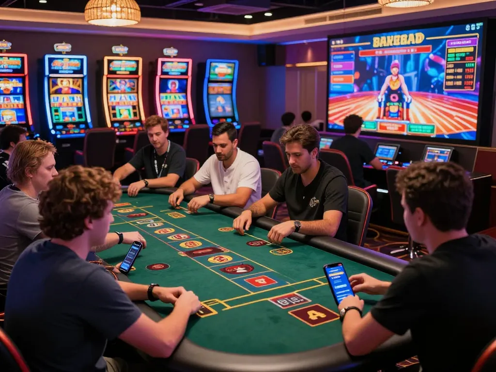 Engaging scene of players at casino nk88 enjoying immersive gaming experience with live dealer and vibrant slot machines.