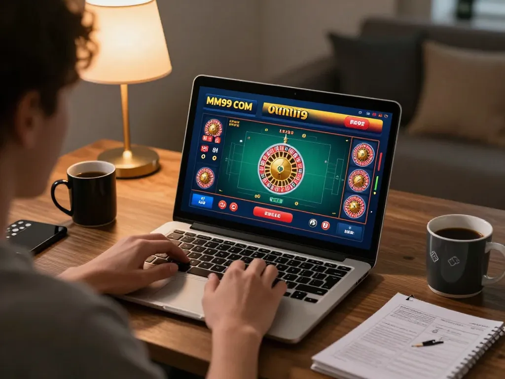 Engaged player enjoying MM99 COM online casino gaming experience at home.