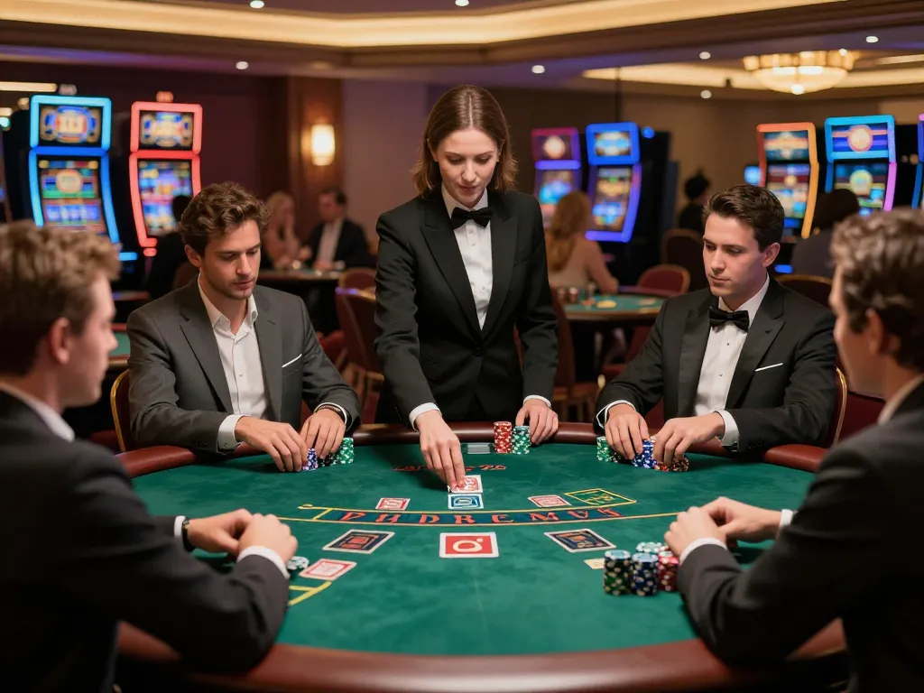 Players engaging at a blackjack table in a casino, featuring SC88 dealer cards and chips.