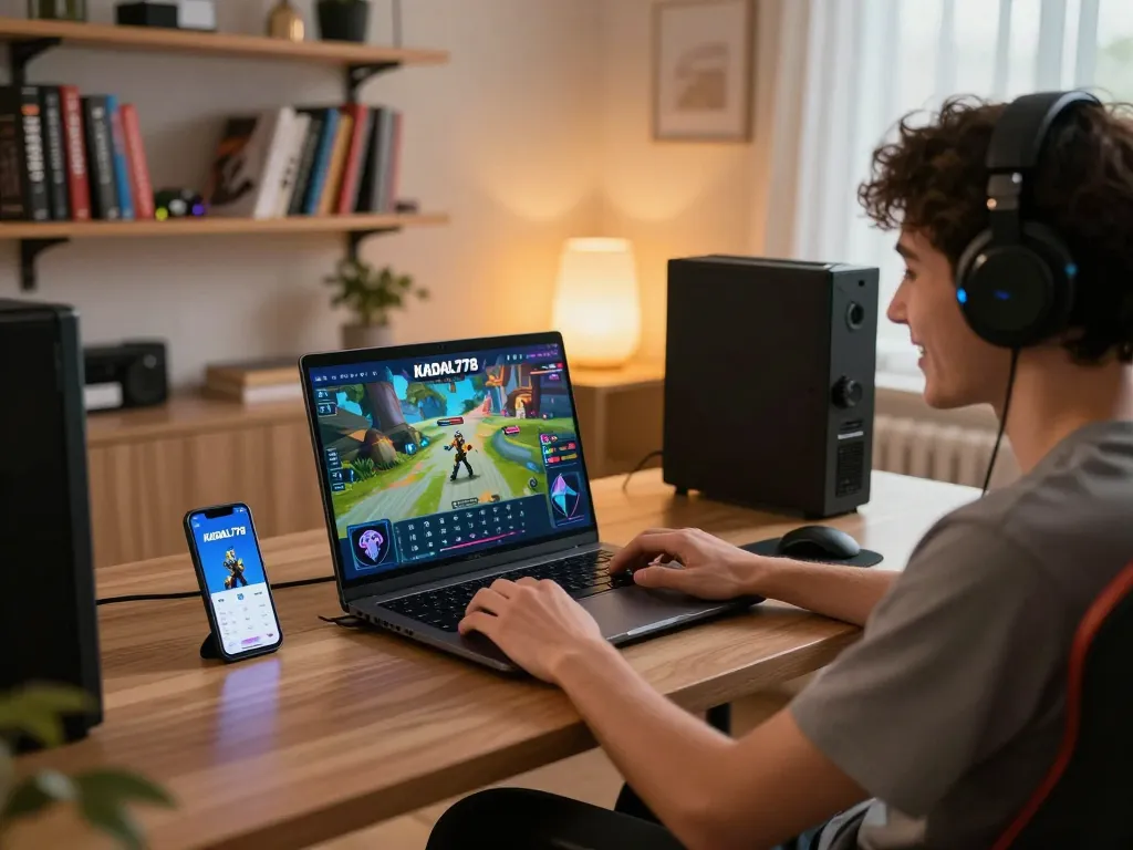 KADAL778 player enjoying interactive gaming session on laptop in a cozy atmosphere.