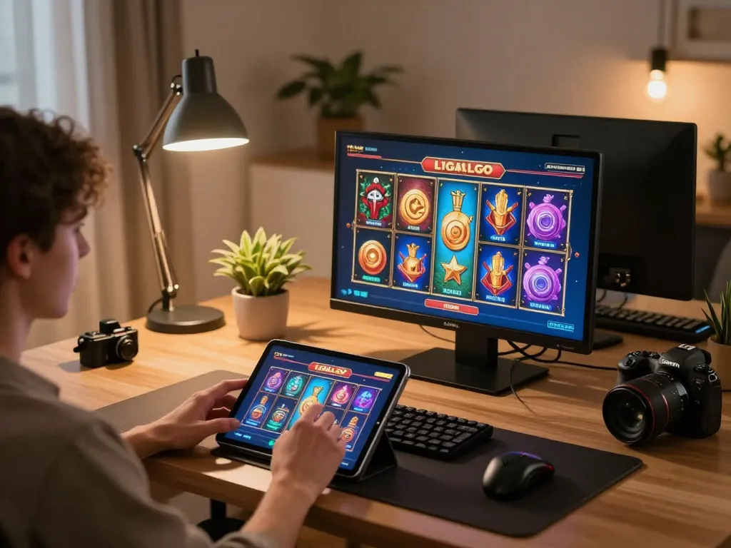 LIGALGO player enjoying demo slots on a tablet in a cozy home office