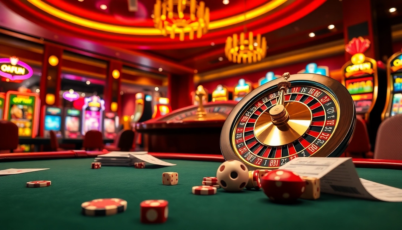 Experience high-stakes gaming at OKFUN casino with vibrant roulette wheels and poker chips.