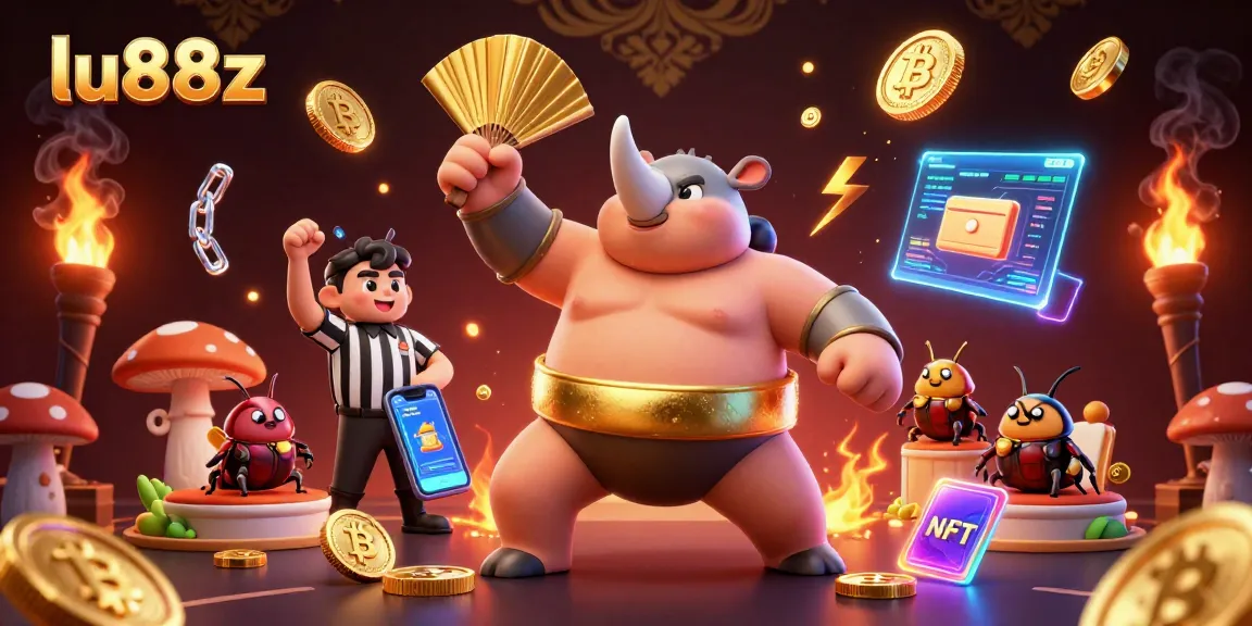 lu88z promotes thrilling gameplay featuring a sumo champion beetle amidst flying crypto coins.