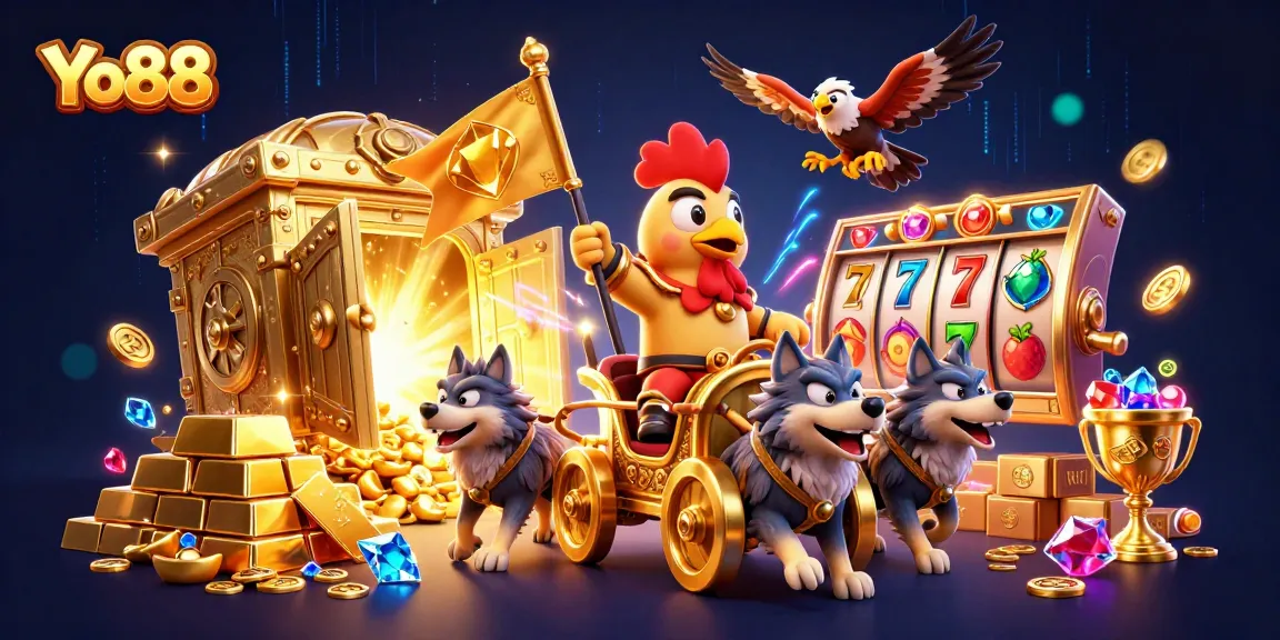 Experience thrilling gameplay at Yo88 with a vibrant 3D scene of a rooster warlord and golden treasures