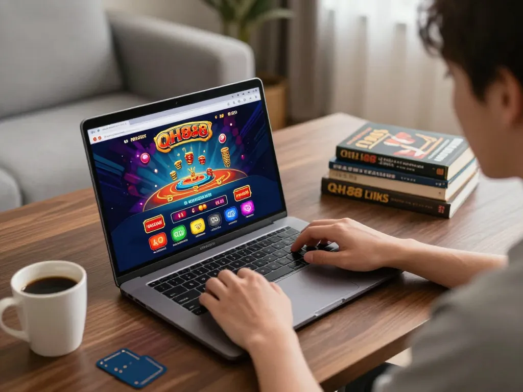 Engaged player using Qh88 link at home casino setup with laptop, coffee, and strategy notes.