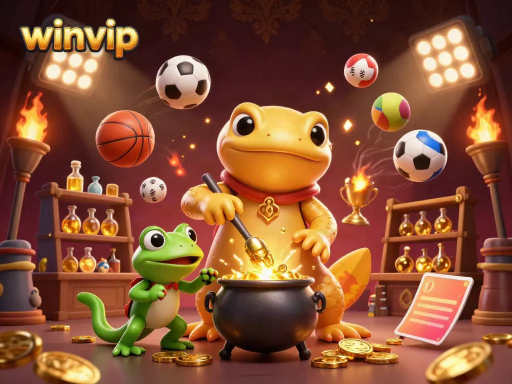 Experience the magic of winvip with a dynamic casino scene featuring a golden salamander alchemist and sports balls.