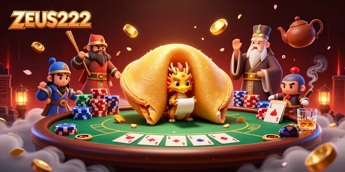 ZEUS222 invites luck with a golden fortune cookie, dragon, and poker paraphernalia in a grand casino scene.