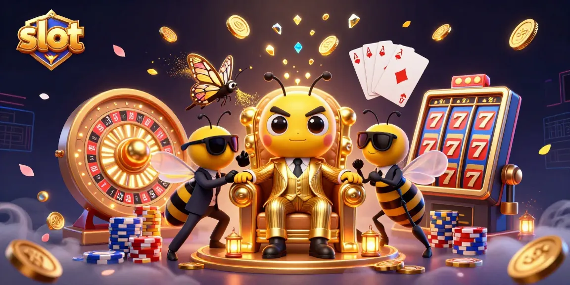 Experience exciting slot wins with our 3D illustration showcasing a bumblebee mob boss and dazzling casino elements.