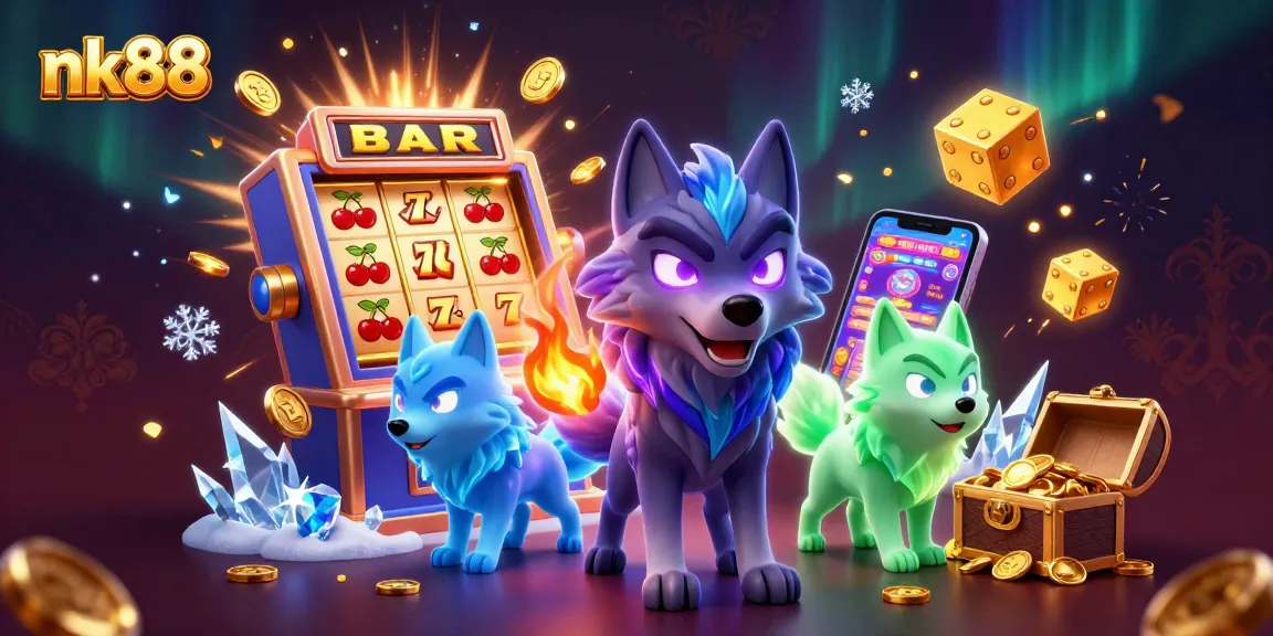 Spin the winning slots with nk88 as captivating wolves reveal treasures in a vibrant casino scene.
