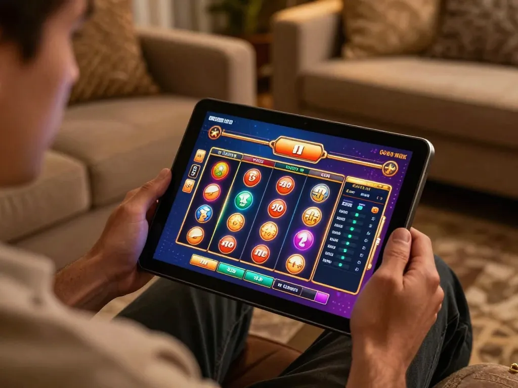 Player immersed in LGOGOAL online casino gaming on tablet with vibrant slots interface.