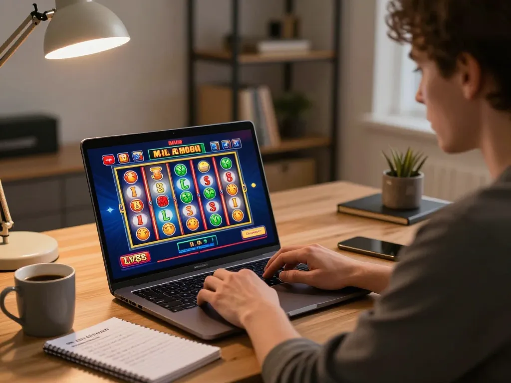Gambling on LV88SEO with a focused player enjoying a vibrant online slot game.
