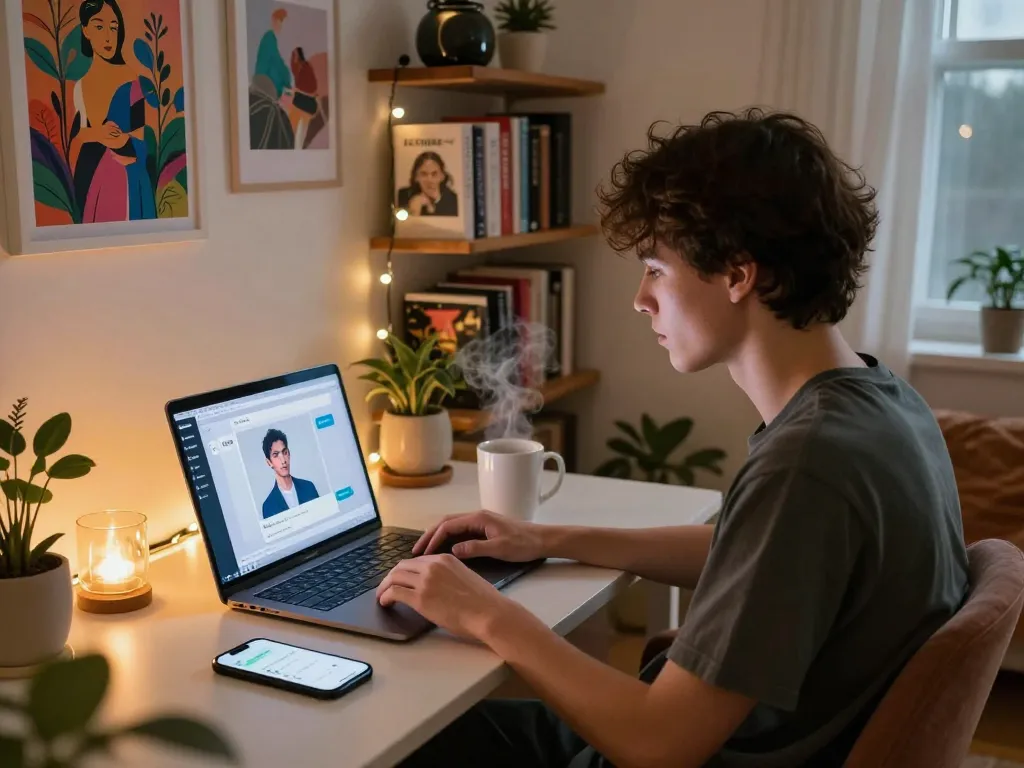 Engaging scene showcasing ai nsfw chatbot interaction in a cozy home office.