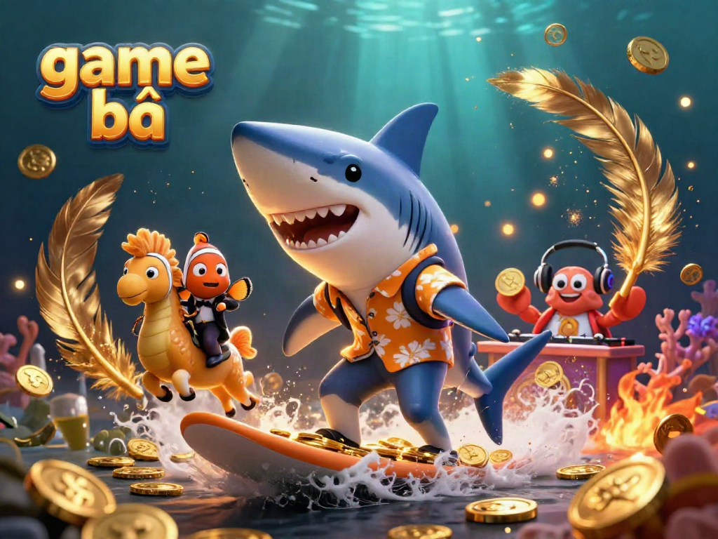 Experience thrilling game bài action with our vibrant illustration featuring a shark surfing on gold coins.