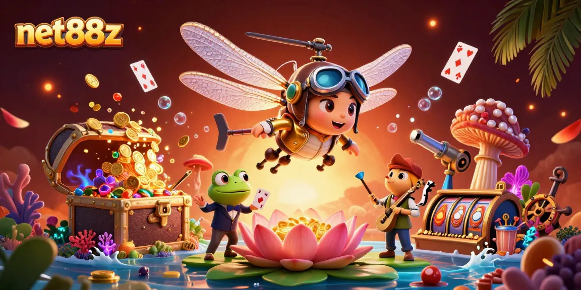 Experience net88z's vibrant casino adventure with a dragonfly pilot, frog croupier, and jazz-cricket band.